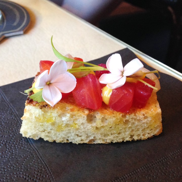 Salmon cured in Tennents whisky beer, saffron mayo, edible flowers, oat bread.