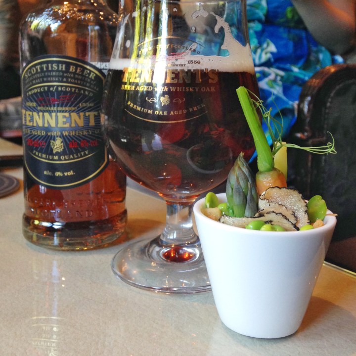 Tennents whisky beer with pea custard, asparagus and black truffle